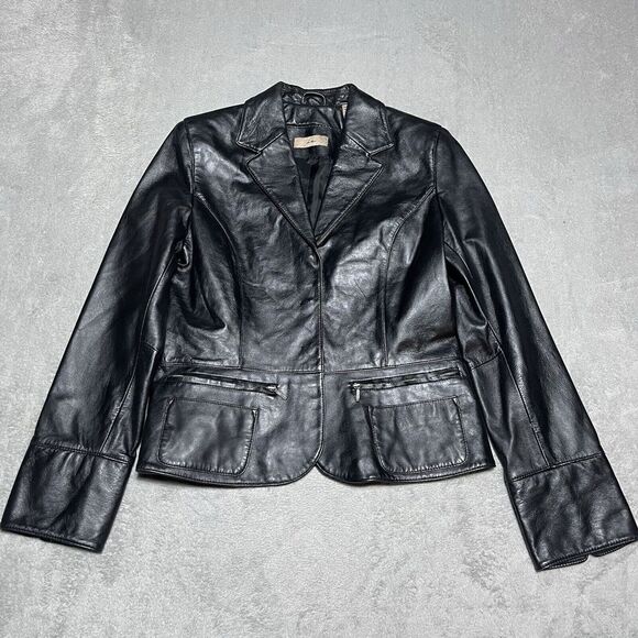 Vintage‎ Y2K IE Leather Jacket Womens Small Snap Up Black Real Genuine Leather - Picture 1 of 13